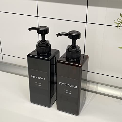 Soap Dispenser with Waterproof Labels, Thickened Plastic Hand Soap Dispenser for Bathroom, Kitchen Dish Washing Liquid Bottles, Shampoo and Conditioner Bottles with Funnel (16oz 4Pack Black Amber) - color: 2 Black + 2 Amber