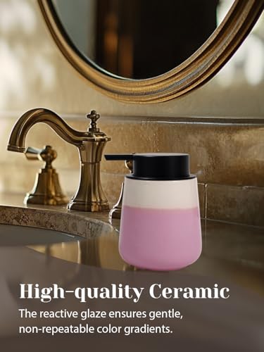 INGOFIN Ceramic Hand Soap Dispenser - 12 oz Liquid Lotion Dispenser Bathroom, Refillable Modern Dish Soap Dispenser with Pump for Kitchen, Beige and Pink - color: Beige and Pink-liquid