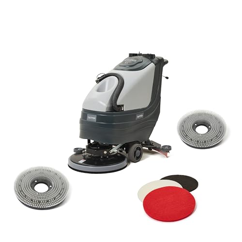 Battery Powered Walk Behind Floor and Carpet Scrubber Buffer Polisher, 19" Brush, 30" Squeegee Width, 13.5 gal Tank, Dual Brushes (Hard & Soft) and 3 Scouring Pads, 220 RPM - size: 19" Manual