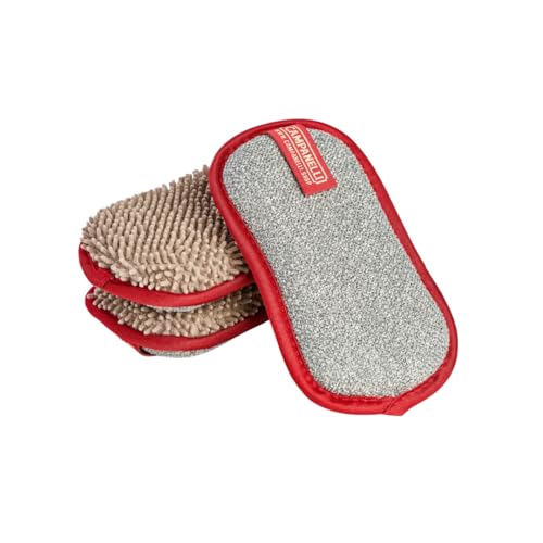 CAMPANELLI Premium Dual-Sided Dish Sponge | Chenille Microfiber & DiamondFiber Scrubber, Washable Reusable Sponges for Dishes Pots & Pans, Ergonomic Grip | 3 Pack - Taupe Gray Red