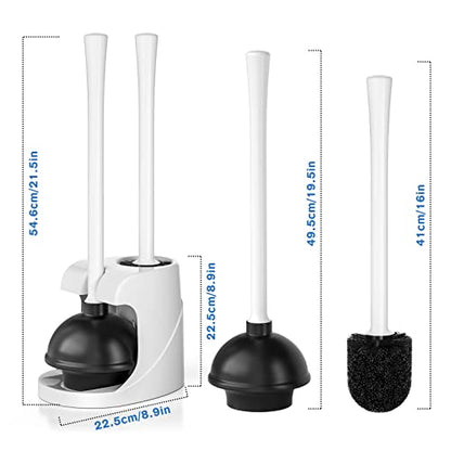 Toilet Plunger and Brush, Bowl Brush and Heavy Duty Toilet Plunger Set with Ventilated Holder, 2-in-1 Bathroom Cleaning Combo with Modern Caddy Stand for 5.7-inch Toilet Drain(White, 2 Set) - color: White