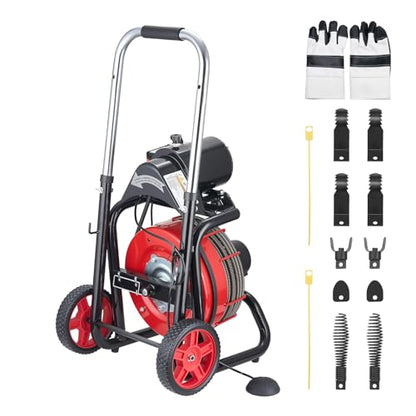VEVOR Drain Cleaner Machine 100 FT x 1/2 Inch, Auto Feed Sewer Snake Auger on Wheels - with 8 Cutters & Air-Activated Foot Switch for 2" to 6" Pipes - style: 100 FT x 1/2''