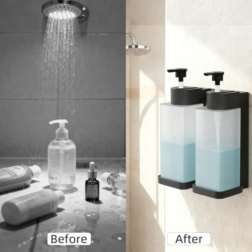 Shampoo and Conditioner Dispenser, Shower Soap Dispenser Wall Mounted 10fl oz/300ml *2 Chamber Shampoo Bottles Refillable with Black Pump for Bathroom Hotel, Grey - color: Grey 2 Chamber