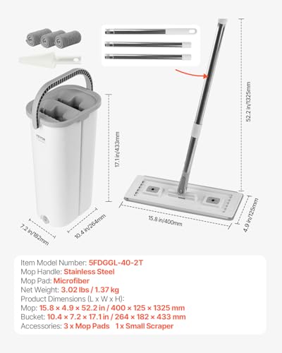 VEVOR Mop and Bucket with Wringer Set, Wet & Dry Use, Flat Mop and Bucket System with 3 Washable Microfiber Pads, Flat Mop with Stainless Steel Handle, Mop Bucket Set for Hardwood Tile Vinyl - style: Flat Mop and Bucket with 3 Pads