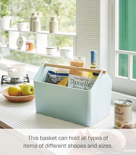 YAMAZAKI Home Storage Organizer/Cleaning Caddy/Storage Basket With Handle, Plastic + Wood, Handle, No Assembly Req. - color: Mint