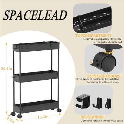 SPACELEAD Slim Storage Cart 3 Tier,Bathroom Organizer Rolling Utility,Mobile Shelving Unit Slide Out for Office, Kitchen, Laundry Room & Narrow Places,Black - color: Black