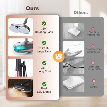 Scrubbing Steam Mop with Rotating Pads,All-in-One Spin Steam Cleaner for Floor Cleaning,Large Tank,23FT Cord, LED Headlights,Reusable Pads & Self-Standing,Safe for Hard Floor/Laminate/Marble