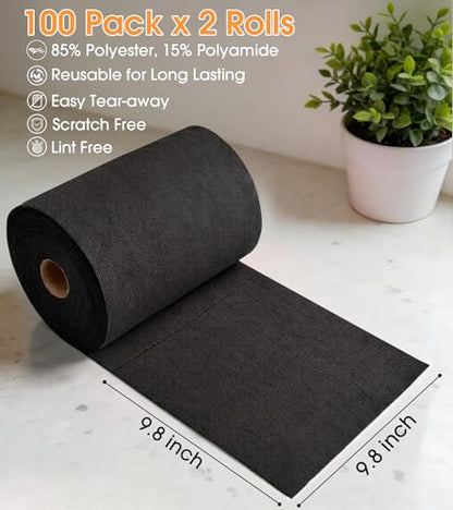 KitchLife Microfiber Cleaning Cloth Roll, 200 Pack - Tear-Away Microfiber Paper Towels, Lint-Free, Reusable, Washable for Kitchen, Car, Dishes, and Sensitive Surfaces (Black) - color: Black, size: 100 Pack x 2