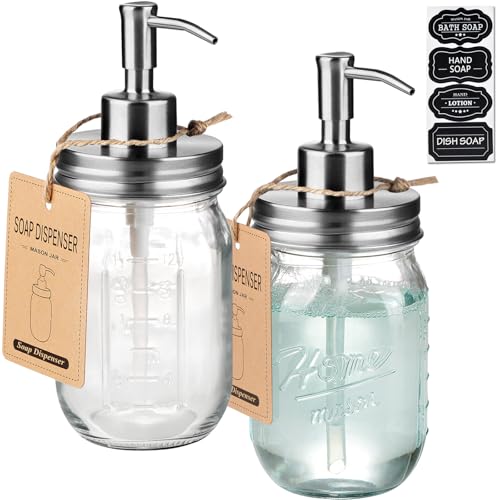 SheeChung 16 Oz Mason Jar Liquid Soap Dispenser, Glass Hand Soap Dispenser, Stainless Steel Pump Lid, Refillable Lotion Dispensers for Bathroom Countertop Kitchen (2, Brushed Nickel) - color: Brushed Nickel-2 Pack
