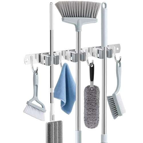 HANZENMA Broom Holder Wall Mount, Broom Organizer Wall Mount Stainless Steel Broom and Mop Hanger Heavy Duty Storage Organization for Home Kitchen Garden Garage Room 3 Racks 4 Hooks Grey - color: Grey, size: 3 Racks 4 Hooks