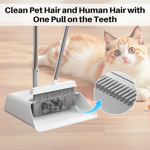 JOYMOOP White Broom and Dustpan Set, Upright Angle Design with Built-in Comb Teeth for Kitchen, Office, Pet Hair, Hard Floors - color: White & Grey