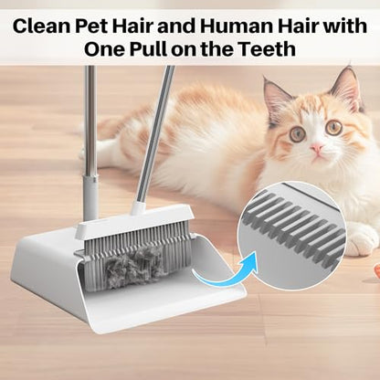 JOYMOOP White Broom and Dustpan Set, Upright Angle Design with Built-in Comb Teeth for Kitchen, Office, Pet Hair, Hard Floors - color: White & Grey