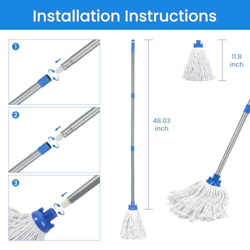 Indoor Mop for Floor Cleaning, Lightweight Cotton Mop with 2 Washable Heads