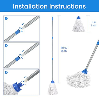 Indoor Mop for Floor Cleaning, Lightweight Cotton Mop with 2 Washable Heads