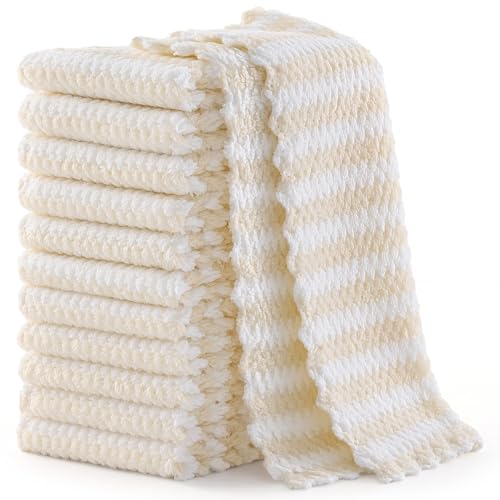 Homaxy 12 Pack Kitchen Dish Cloths, Ultra Soft and Absorbent Dish Towels, Reusable Fast Drying Microfiber Cleaning Cloth, Coral Velvet Wave Design No-lint, 7 x 9 inches, Beige - color: Beige, style: 7" x 9" - 12 Pack