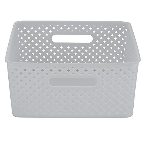 Simplify Medium Resin Wicker Storage Bin | Dimensions: 14"x11.5"x5.15" | Durable | 2 Open Handles | Wicker Design | Light Weight | Home Organization | White
