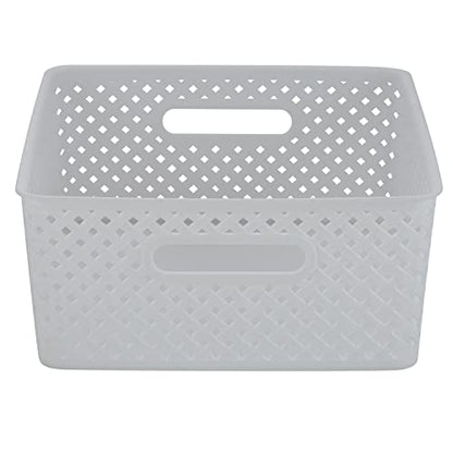 Simplify Medium Resin Wicker Storage Bin | Dimensions: 14"x11.5"x5.15" | Durable | 2 Open Handles | Wicker Design | Light Weight | Home Organization | White