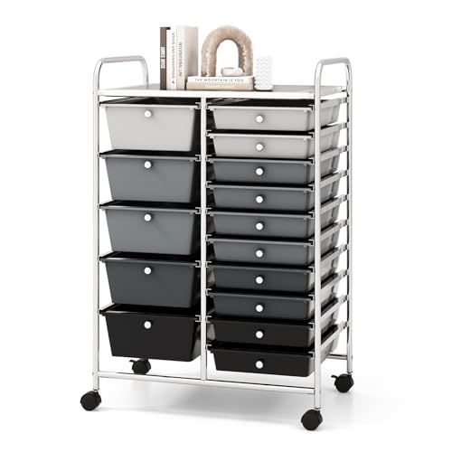 COSTWAY 15 Drawers Storage Cart, Multipurpose Rolling Utility Cart on Wheels w/Lockable Wheels & Removable Drawers, Mobile Tools Scrapbook Paper Organizer Cart for Office School Home, Mixed Black - color: Mixed Black, size: 15 Drawer