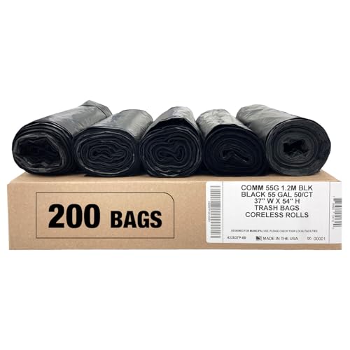 Ultrasac Heavy Duty 55 Gallon Black Trash Bags - (Value 200 Pack) - 1.5 MIL equivalent Industrial Strength Plastic 37" x 54" for 50-55 Gal Cans -Fits Toter, Rubbermaid Brute, Carlislie Bronco etc. - color: Black, style: 50-55 Gal, 1.5 Mil Equiv, 200 Count