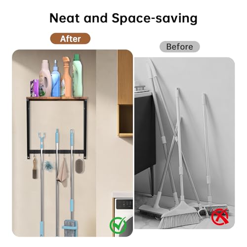 Broom Holder Wall Mount, Heavy Duty Broom & Mop Organizer Wall Hanging for Laundry Room Organization, Garage Storage & Home Improvement, Multi-Layer Iron & Wood Shelving with Hooks