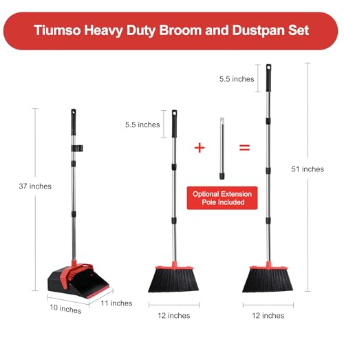 Large Upright Broom and Dustpan, Heavy Duty Dust Pan with 51" Long Handle for Indoor Outdoor Garage Kitchen Room (Black and Red) - color: Black and Red