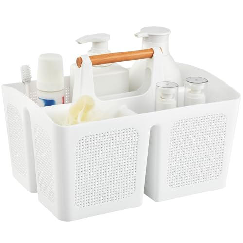 ALINK Portable Shower Caddy Basket with Compartments, Plastic Divided Cleaning Caddy Organizer Storage Tote with Handle for Bathroom, College, Dorm Room Essentials, White - color: White