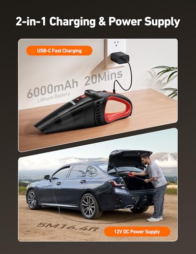 AstroAI V2 Mini High Power Portable Cordless Handheld Car Vacuum Cleaner, 6000mAh Battery & 12V DC, LED Light, Brush, Multi-Nozzles, 16.4 ft Cord Car Interior for Car, Home, Office, Pet Hair Cleaning