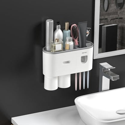 No-Drill Wall Mounted Toothbrush Holder, Bathroom Shelf, with Automatic Toothpaste Dispensers 4 Brush Hooks 2 Magnetic Cups 1 Cosmetic Drawer Organizer and Large Storage (1 Dispenser 2 Cups)