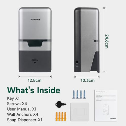 anydry Manual Liquid Soap Dispenser Wall Mount, 27oz (800 ml) Large Capacity for Commercial Bathroom - color: Silver