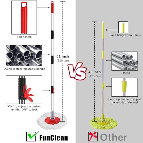 FunClean Spin Mop and Bucket for Home Cleaning, 360° Rotating Floor Mop with Wringer, Adjustable 61" Handle for Back Pain Relief, 6 Microfiber Replacement Heads, 2 Easy-Move Wheels - Black - size: Black Mop Bucket with 6 Extra Refills