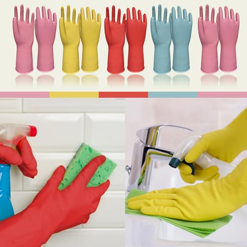 Kitchen Gloves for Washing Dishes - 5 Pairs Rubber Cleaning Gloves for Household Cleaning Gardening, Non-Slip Dishwashing Gloves Reusable for Women Men Large - size: Large