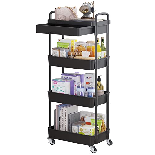 Calmootey 4-Tier Rolling Utility Cart with Drawer,Multifunctional Storage Organizer with Plastic Shelf & Metal Wheel,Storage Cart for Kitchen,Bathroom,Living Room,Office,Black - color: Black, size: 4-Tier