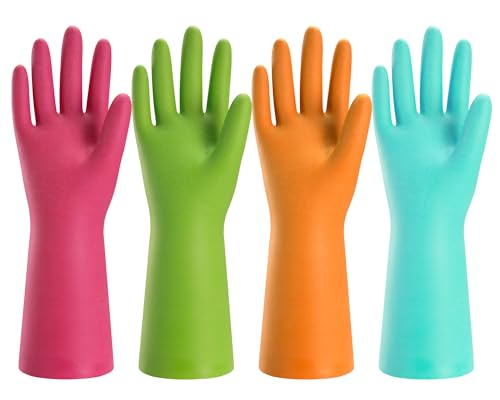 Bamllum Rubber Cleaning Gloves for Kitchen - 4 Pairs Reusable Dishwashing Gloves for Household, Flexible Long-lasting & Waterproof (Small, Blue+Green+Red+Orange) - size: Small