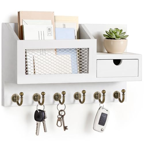 FifthQuarter Key and Mail Holder for Wall, Mail Organizer Wall Mount with 6 Hooks and Storage Drawer, Easy Installation Key Rack for Entryway and Home Decor (B-White) - color: B-White