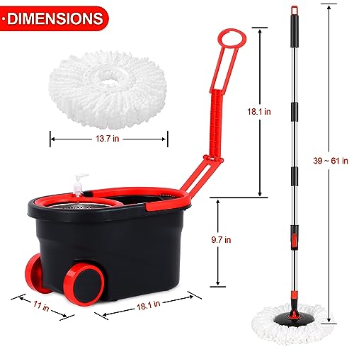 Spin Mop and Bucket with Wringer Set on Wheels, 360° Spinning Mop Bucket System with 3 Microfiber Mop Replacement Heads and 61" Stainless Steel Adjustable Handle for Floor Cleaning - color: Black-3