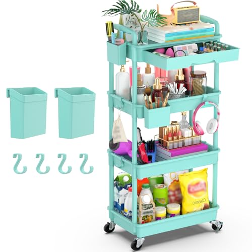 Goovilla 4 Tier Rolling Utility Cart Organizer with Removable Drawer, Stable and Sturdy Blue Rolling Storage Carts with 2 Lockable Wheels for Bathroom, Kitchen, Snack, Craft, Makeup, Baby Essentials - size: 4 Tier, style: Blue