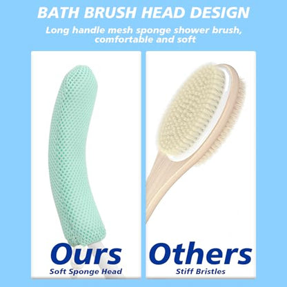 15.35" Back Bath Brush with Sponge,Back Scrubber Bath Mesh with Curved Long Handle Bath Body Brush for Elderly Aid Bathing and Shower - size: Pink+Blue Handle