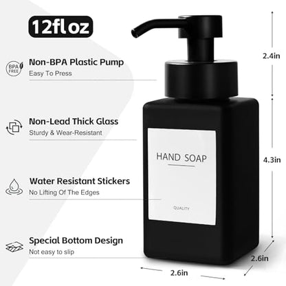 Black Foaming Hand Soap Dispenser, 12oz/350ml Glass Square Foam Soap Dispenser Set, 2Pcs Foaming Soap Dispenser with Foaming Pump, Refillable Soap Foam Dispenser for Bathroom, Kitchen - color: Black
