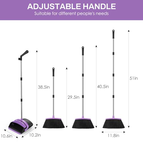Broom and Dustpan Set for Home, 51-in Long Adjustable Handle Angle Broom and Dustpan Combo Set with Dust Pan Teeth to Clean Hair for Home Kitchen Office Lobby Floor Garden (Black&Purple) - color: Black Purple