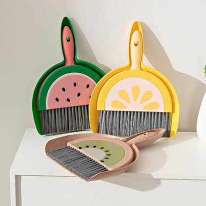 Mini Desk Broom and Dustpan Set High Density Bristle Small Handheld Desktop Cleaning Brush Compact Snap On Space Saving Tool for Desks Keyboards Office Car Interiors Small Spaces - color: Green Watermelon