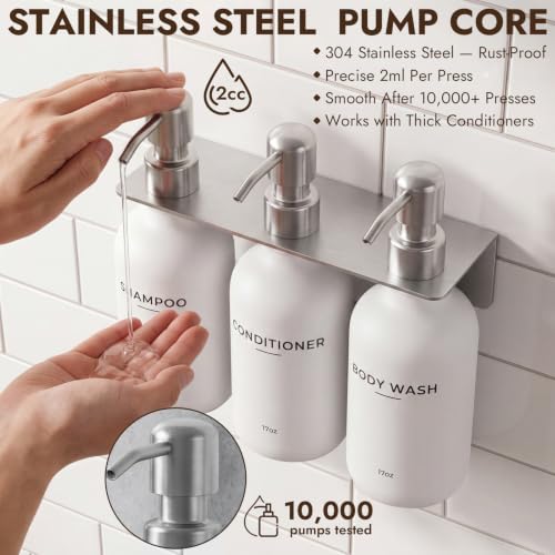 KOUCHU Shampoo and Conditioner Dispenser - Wall Mounted Shower Soap Dispenser - 17oz No-Drill Refillable Plastic Bottles with Stainless Steel Pump for Bathroom - Includes Soap Dish and Hook (Silver) - color: Silver