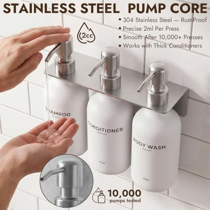 KOUCHU Shampoo and Conditioner Dispenser - Wall Mounted Shower Soap Dispenser - 17oz No-Drill Refillable Plastic Bottles with Stainless Steel Pump for Bathroom - Includes Soap Dish and Hook (Silver) - color: Silver