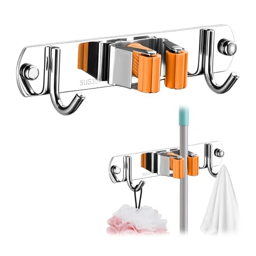 Upgrade Broom Holder Wall Mount, 304 Stainless Steel Mop & Broom Storage Organizer with Hooks, Self-Adhesive or Screw Install for Bathroom Garage Kitchen (orange, 1 Rack and 2 Hooks) - color: orange, size: 1 Rack and 2 Hooks