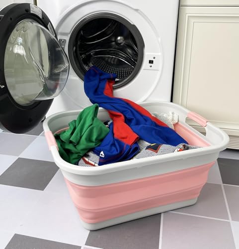 SAMMART 41L (10.8 gallon) Collapsible Plastic Laundry Basket - Foldable Pop Up Storage Container/Organizer - Portable Washing Tub - Space Saving (Grey/Quartz Pink, Rectangular) - color: Grey/Quartz Pink