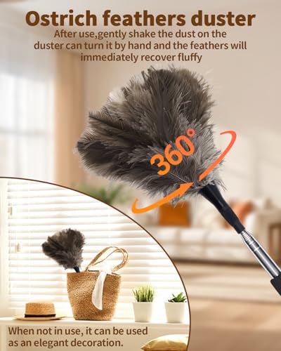 Ostrich Feather Duster, 18-48 Inch Extendable Feather Duster with Natural Fluffy Ostrich Feathers, Dusters for Cleaning Ceiling Fans, Blinds, High Ceilings, Furniture, Cars, Washable & Reusable - color: Ostrich Feather Color