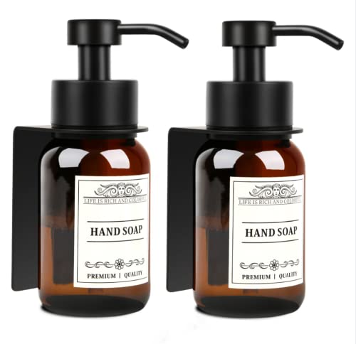 8.5oz Brown Glass Soap Dispenser 2 Pack for Kitchen Bathroom Black | Leakproof conditioner and hand soap pump set with waterproof DIY labels; rustproof holder saves countertop space. - color: Amber Set of 2