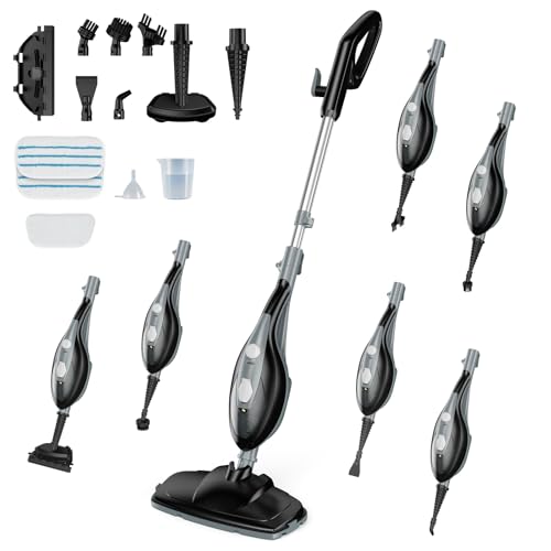 OLIXIS 10-in-1 Steam Mop, 1550W Detachable Handheld Steam Cleaner for Floor Cleaning, 16FT Cord, 2 Washable Pads, Multi-Purpose Floor Steamer for Hardwood, Carpet, Tile, Grout, Windows, Black Grey - color: Black Grey, size: 12.41"*6.70"*40.55"
