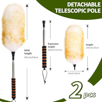 Extendable Lambswool Duster 25-64" Retractable Telescopic Handle Removable Head Multi-Surface Cleaning Tool for Ceiling Fans, Windows, High Walls, and Hard-to-Reach Areas (2pcs) - size: 25-64inch