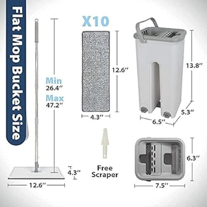 Mop Heavy Quality Floor Mop with Bucket, Flexible Kitchen tap Flat Squeeze Cleaning Supplies 360 Flexible Head/2 Reusable Pads Clean Home Floor Cleaners