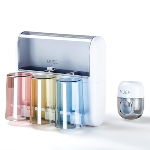 Toothbrush Holder Wall Mounted with Automatic Toothpaste Dispenser, Dustproof Flip Cover and Inverted Cup Slots, Multi-Functional No-Drill Bathroom Organizer for Family, Space Saver (3 Cups) - color: 3 Cups